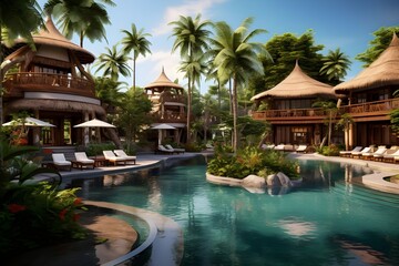 Balinese Resort Architecture: A luxurious Balinese resort with traditional thatched roofs, tropical landscaping, and a serene pool area.

