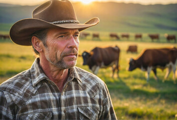 closeup portrait of a  mature american cowboy in hat and checkered shirt and cows in meadow in background with sunset light