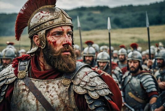 closeup of roman legionary soldier with helmet, beard and face stained with blood and armor on the battlefield and others soldiers on  background.