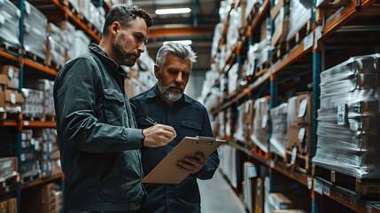 Men in warehouse inspecting delivery with clipboard teamwork and efficiency shown. Concept Warehouse Inspection, Teamwork, Efficiency, Inventory Check, Delivery Verification