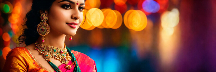 beautiful Indian woman in sari. Selective focus. - obrazy, fototapety, plakaty