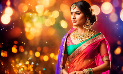 beautiful Indian woman in sari. Selective focus.