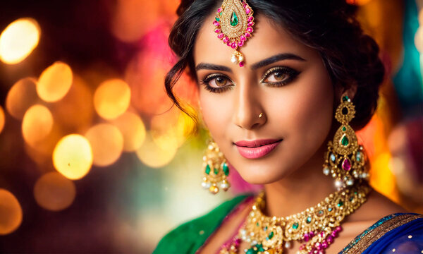 beautiful Indian woman in sari. Selective focus.