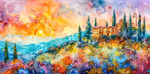 Artistic, vibrant watercolor scene of a sunset view over a lush, colorful countryside landscape