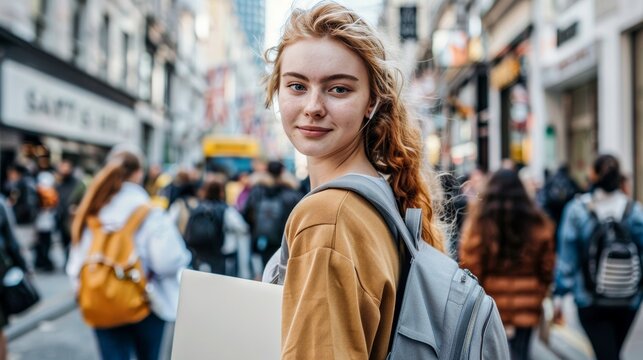 Young, confident woman carrying a laptop while walking on a busy city street, encapsulating urban life