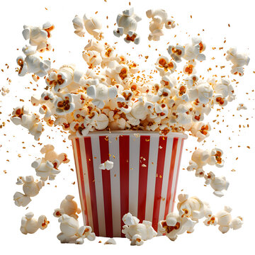 A Whimsical 3D Cartoon Render Of Popcorn Bursting Out Of A Red And White Striped Bucket.