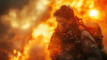 Fototapeten A fireman facing a roaring blaze in an action film scene © yuchen