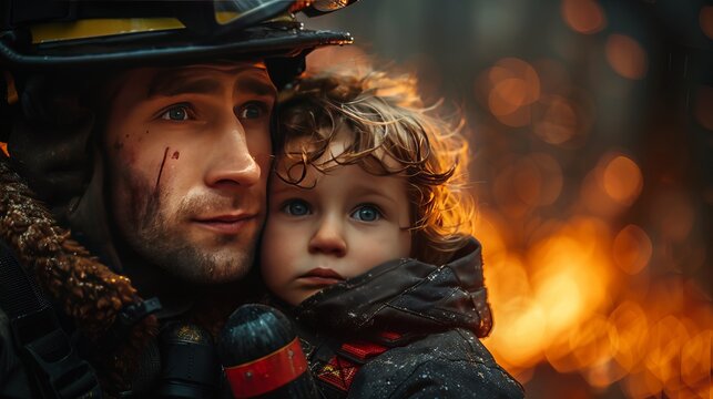 A Firefighter Is Holding A Little Boy In His Arms In Front Of A Fire