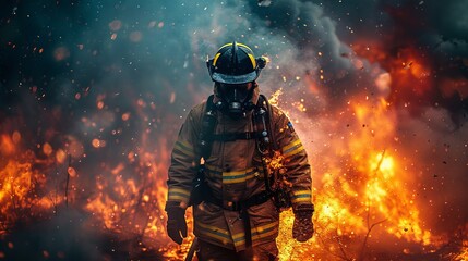 a fireman is standing in front of a large fire - Powered by Adobe