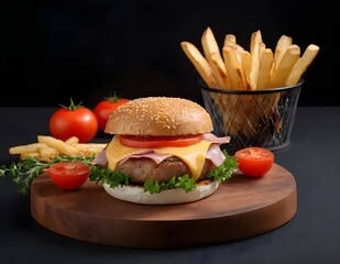Gourmet Ham Cheese Burger and potatoes on a Wooden Serving Board Against Black Background