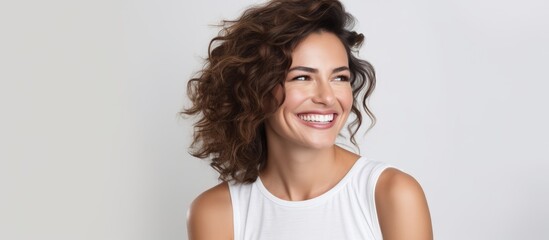 A mid-thirties woman with curly hair smiles confidently while wearing a white tank top against a plain white background.