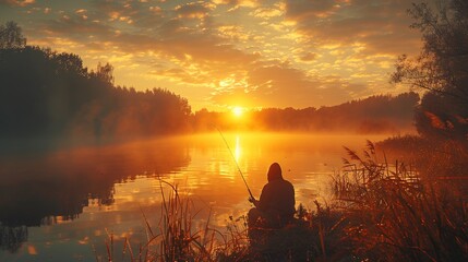 a man is fishing in a lake at sunset - obrazy, fototapety, plakaty