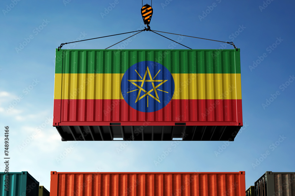 Wall mural ethiopia trade cargo container hanging against clouds background