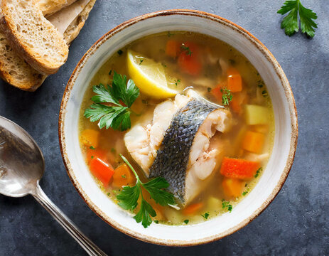 Fischsuppe in sch&uuml;ssel Draufsicht 