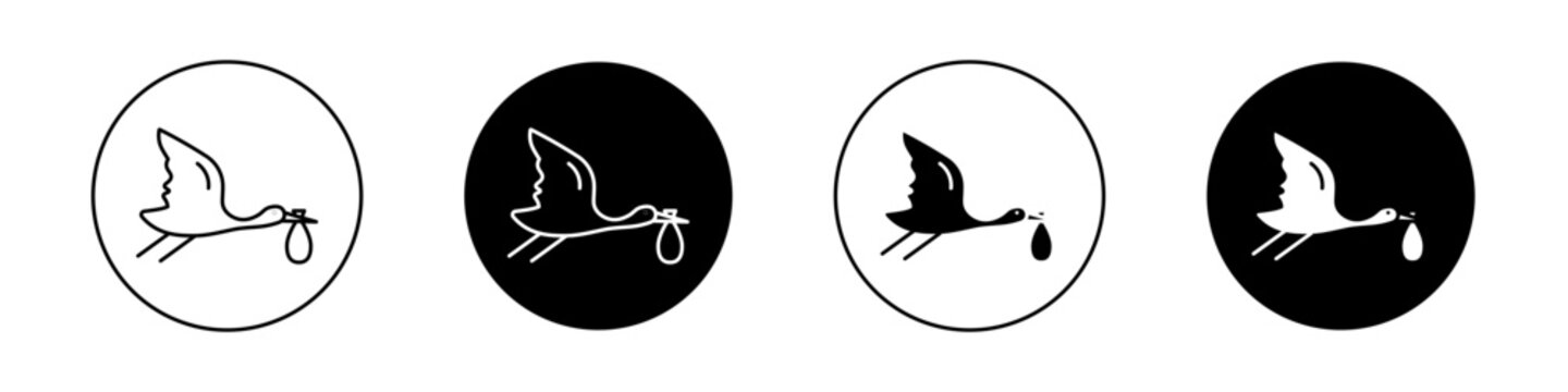 Stork with Baby Icon Set. Stork baby delivery vector symbol in a black filled and outlined style. New Beginnings Sign.