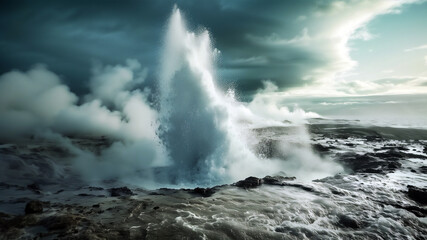 Majestic Geyser Eruption under Turbulent Storm Clouds - A Spectacle of Nature's Raw Power (AI-Generated)