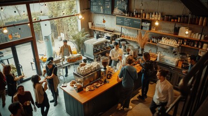 The hustle of a busy coffee shop with patrons enjoying their drinks and baristas crafting coffee, creating a lively community space. Resplendent.