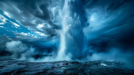 Ethereal Blue Geyser Eruption under Swirling Cloud Formations - Geothermal Wonders of the Earth (AI-generated)