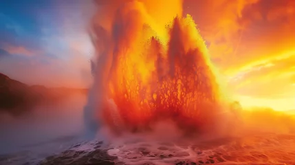 Fototapeten Fiery Sunset Geyser Eruption - A Blazing Display of Earth's Geothermal Activity (AI-Generated) © FUTURESEND