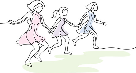 Happy Girls friends run through meadow holding hands. - 748934383
