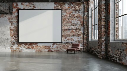 A modern gallery space with a single large blank canvas on an exposed brick wall, industrial windows letting in daylight, and a minimalist seating area