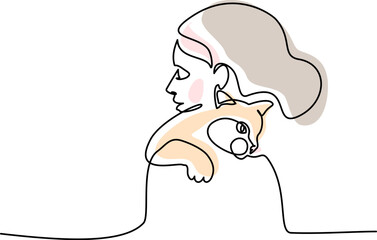 Woman with cat on her shoulder. Continuous one line drawing - 748934551