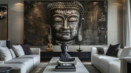 Buddha artwork in a modern loft living room, blending spirituality with contemporary interior design. Suitable for home decor themes.