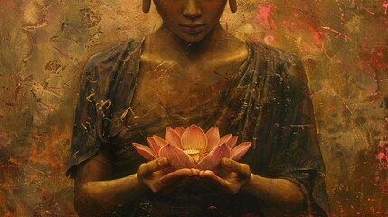 Textured painting of Buddha holding a lotus, symbol of Vesak holiday, symbolizing purity and spiritual awakening. Suitable for cultural and religious themes.
