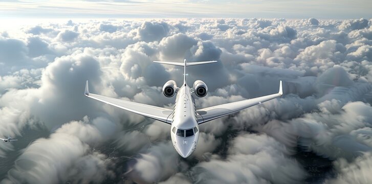A sleek private jet soars through a sky blanketed in clouds, embodying luxurious travel and exclusivity