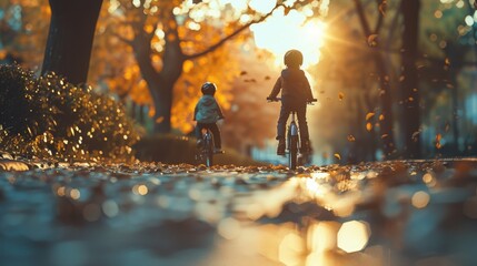 Autumn Family Bike Ride, heartwarming 3D rendering of a family enjoying a bike ride on a sunlit path scattered with golden autumn leaves
