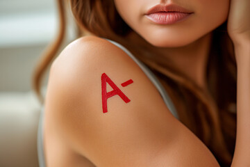 Red sign of type of blood A-negative on female shoulders. Rh factor.