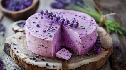 Artisan lavender cheese on a wooden board, surrounded by sprigs of lavender. Ideal for culinary...