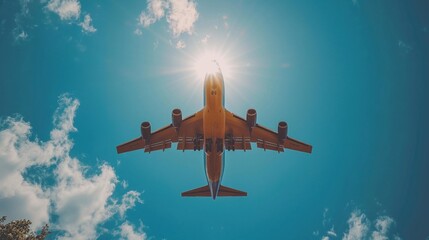 Lowangle view of large airplane in flight with halo effect against blue sky.