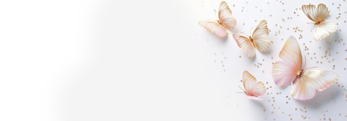 Pink paper butterflies with gold accents on a white background, a whimsical and delicate decoration concept. - obrazy, fototapety, plakaty