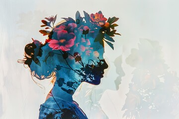 A creative double exposure combining a woman's profile with a colorful floral array demonstrating artistic expression