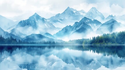 Serene Watercolor Mountain Reflection, tranquil watercolor-style illustration of serene mountains mirrored in the calm waters of a lake, enveloped in a misty atmosphere