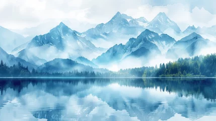 Foto op Canvas Serene Watercolor Mountain Reflection, tranquil watercolor-style illustration of serene mountains mirrored in the calm waters of a lake, enveloped in a misty atmosphere © Anastasiia