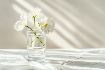Minimalistic and tranquil scene of white flowers in a clear glass of water on a draped white cloth
