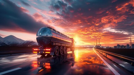  Sunset Fuel Transport, fuel tanker speeds along a wet highway at sunset, reflecting a fiery sky with mountains in the background, signifying energy and motion