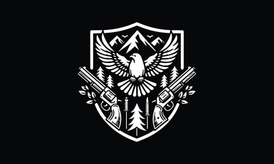 shield with wings, eagle, flying, bird, mountain, forest guns, trees, design logo 