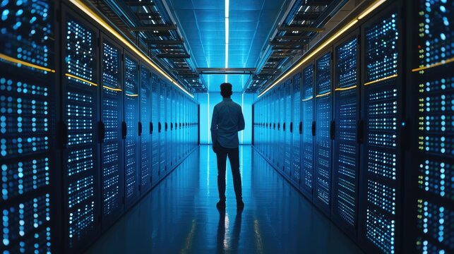 IT Professional in Data Center, man stands centrally in a corridor lined with high-tech data servers, illuminated by blue lights, symbolizing modern data management