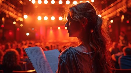 A woman performing in front of a crowd at nighttime, holding sheet music