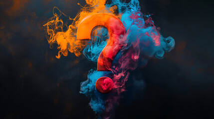 Símbolo ? de interrogación hecho con humo de colores - obrazy, fototapety, plakaty