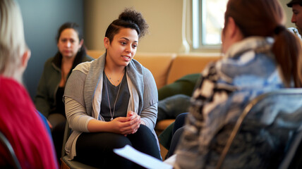 The therapist interacts with people in the group, discussing group dynamics and promoting growth, group interaction and the therapeutic process
