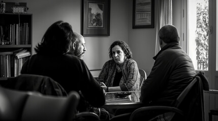 Portrait of a psychiatrist working with clients in a group, therapy and psychological support and assistance, important social adaptation - obrazy, fototapety, plakaty