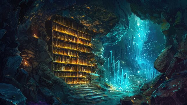 An ancient library filled with magical books, glowing orbs, and mystical artifacts. Shelves reach up to a high, vaulted ceiling, with soft light filtering through stained glass windows. Resplendent.