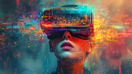 Frau mit VR Brille und bunter Visualisierung der digitalen Bilder