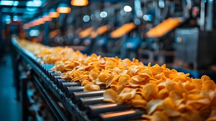 Poster Conveyor belt in factory packaging potato chips for snack production process. Concept Packaging Process, Food Industry, Conveyor Belt Technology, Snack Production, Potato Chip Manufacturing © Anastasiia