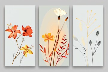 Three-panel artwork featuring stylized flowers in warm tones, ideal for modern interior decoration and enhancements