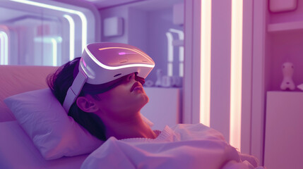 "Woman lying in bed wearing a virtual reality headset in a futuristic room.